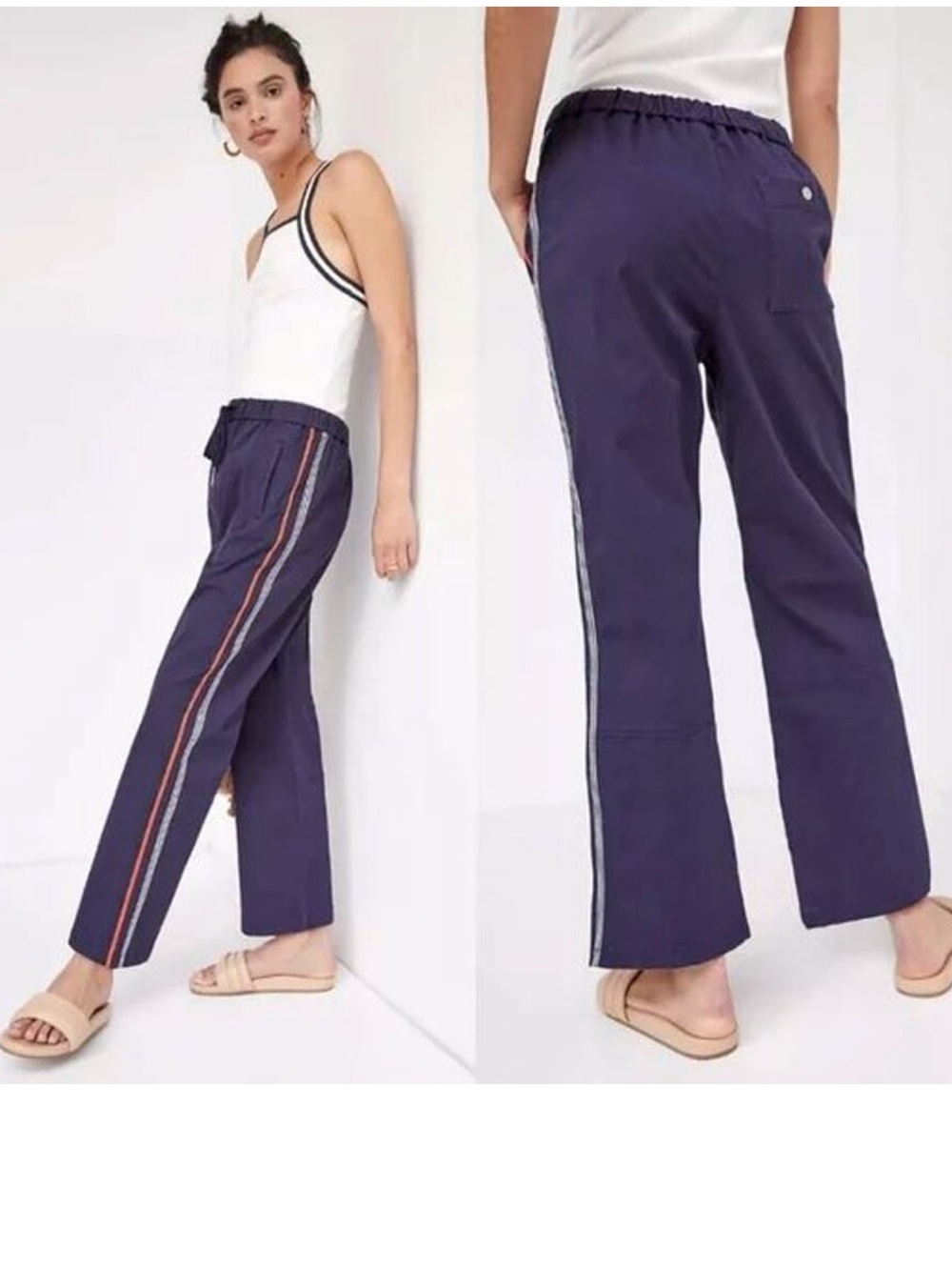 Anthropologie Maeve Pull-On Track Pants Navy/Red‎ Striped Size Large
